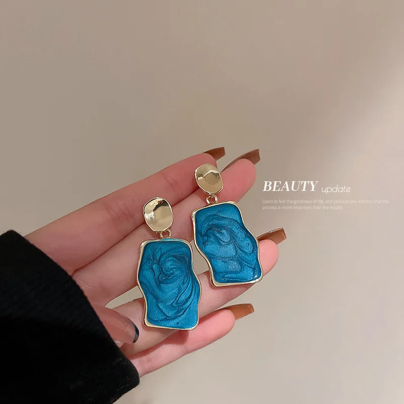 925 Silver Needle Dripping Oil Geometric Irregular Blue Earrings Fashion Retro Painting Wind Personality Temperamen