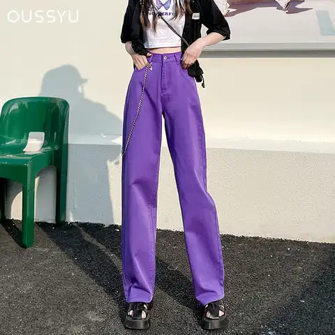 Spring Summer Women's Jeans Baggy Straight Cotton Fashion Streetwear Purple High Waist Casual Pant Wide Leg Korean Denim Trouser
