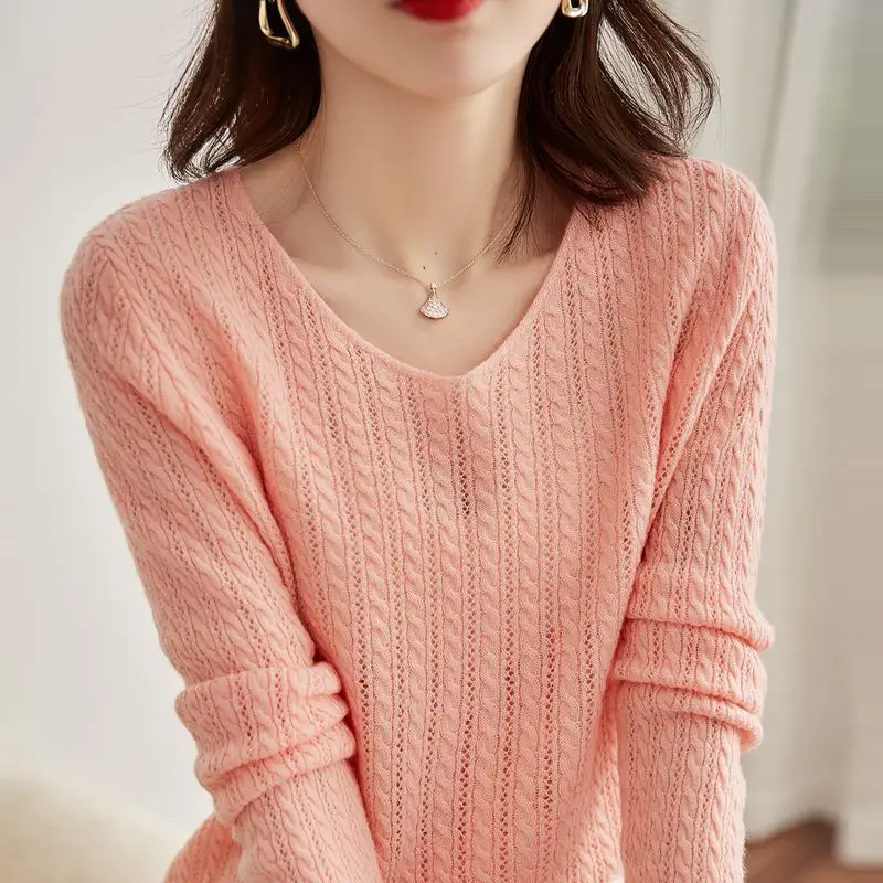 

V-neck Fried Dough Twist Sweater Women's Loose Spring And Autumn New Versatile Fashion Top Pullover Solid Color Knitting