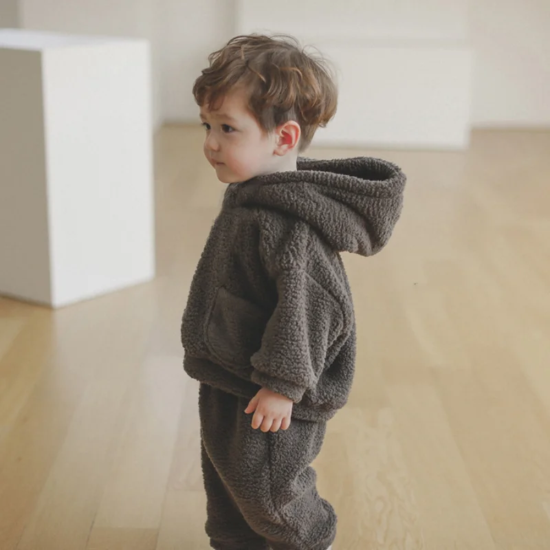 Autumn and Winter Soft Plush Suit for Boys and Girls Two Piece Warm and Thick Hooded Sweater Pants for Children