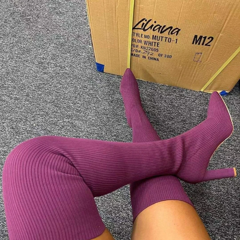 Over-the-Knee Boots Women's Chunky Heel 2022 New Autumn and Winter Internet Celebrity Boots Elastic Thin Pointed Toe Socks Boots