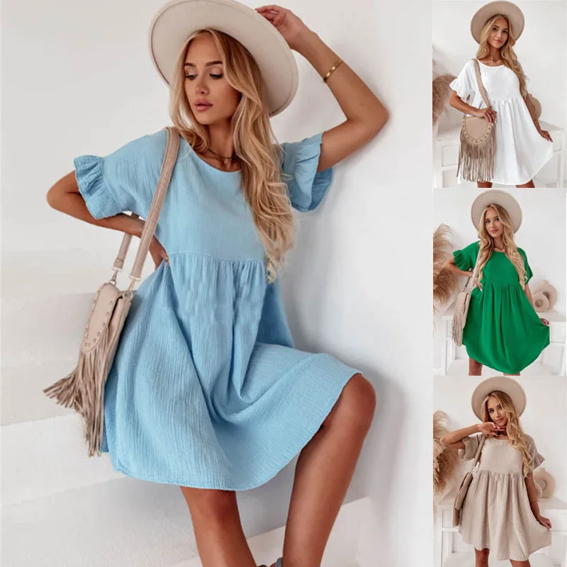 

Новинка лета 2023, женское однотонное элегантное платье с круглым вырезом и коротким рукавом