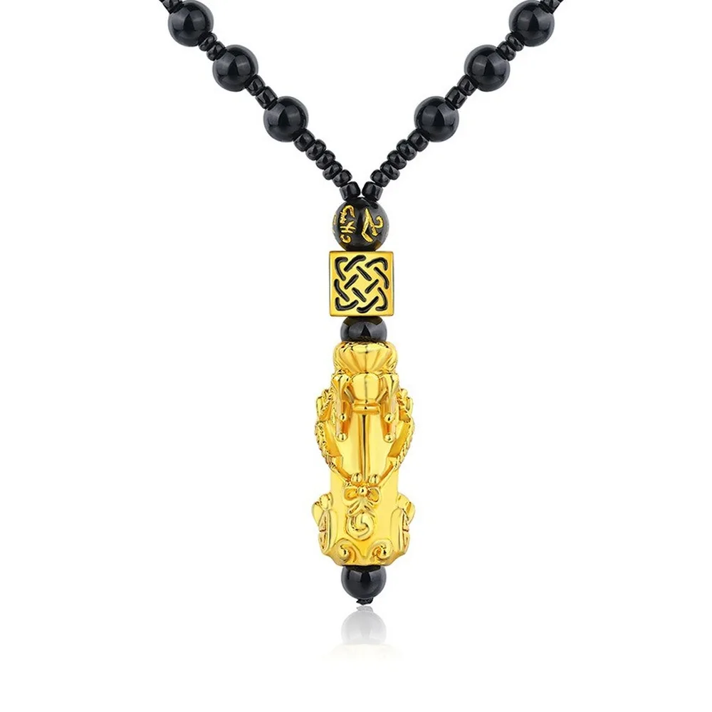 

Obsidian Pixiu Pendant Necklace Imitation Gold Color Lucky and Treasure Chinese Feng Shui Faith Amulet Necklace Bracelet Gift