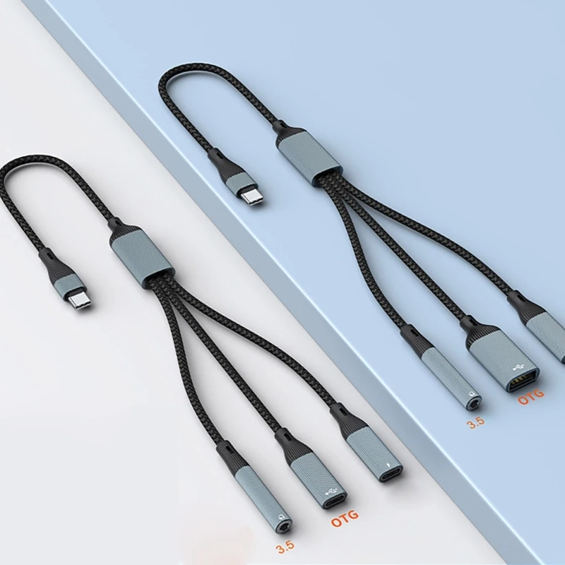 Нейлоновый плетеный кабель USB типа C 3 в 1 звук 5 мм PD60W зарядный OTG-кабель для