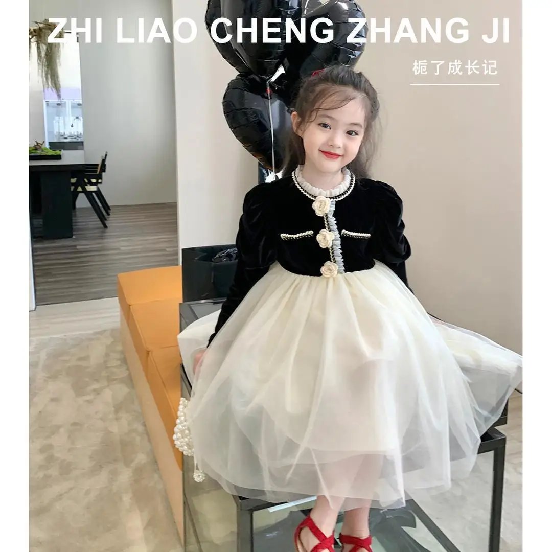 

2022 Girls Baby Spring Autumn Velvet Mesh Princess Dress Flowers Lace Elegant Birthday Dresses Kids Vestido Children Clothes