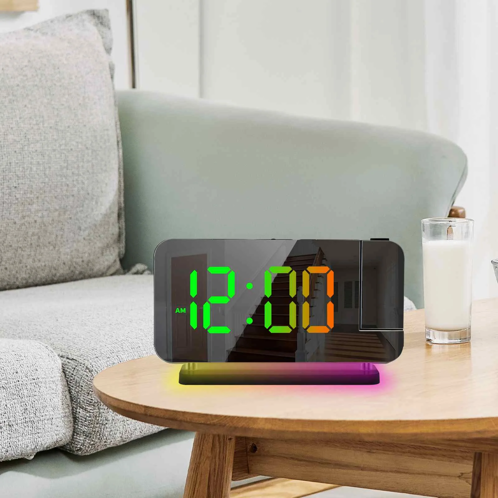 

Цифровой будильник с проекцией RGB, с зеркальной поверхностью, 10 цветов, регулируемая яркость, для дома, спальни, офиса, 12/24 часа