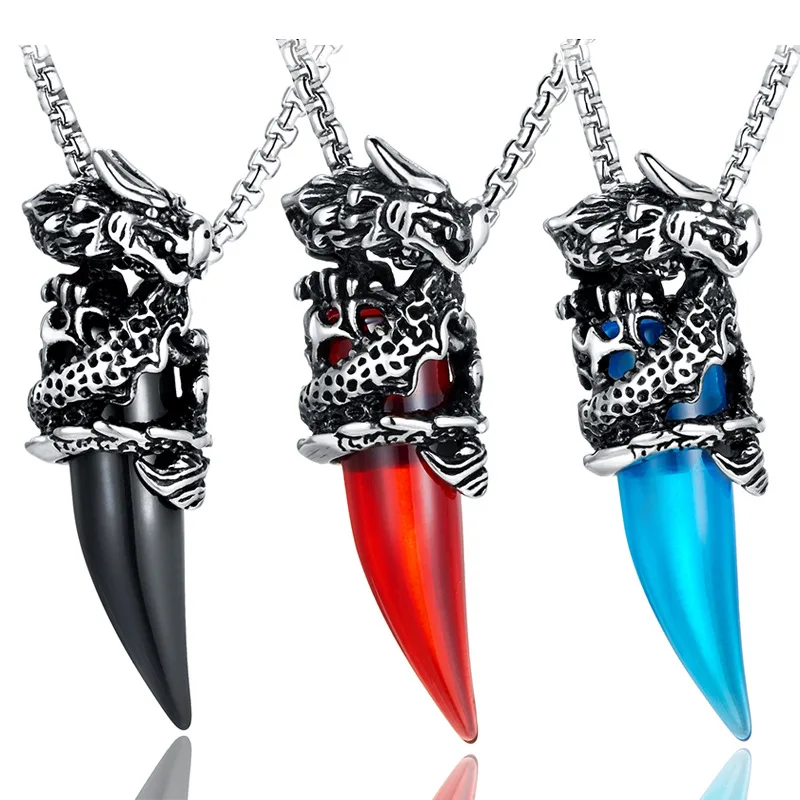 

Fashion Retro Dragon Tooth Pendant Personality Multi Color men Stainless Steel Jewelry Link Chain Necklace