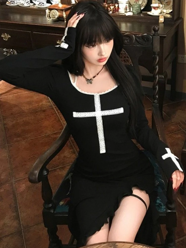 AltGoth Mall Goth элегантное платье женское темное Fairycore гранж с перекрестным принтом и