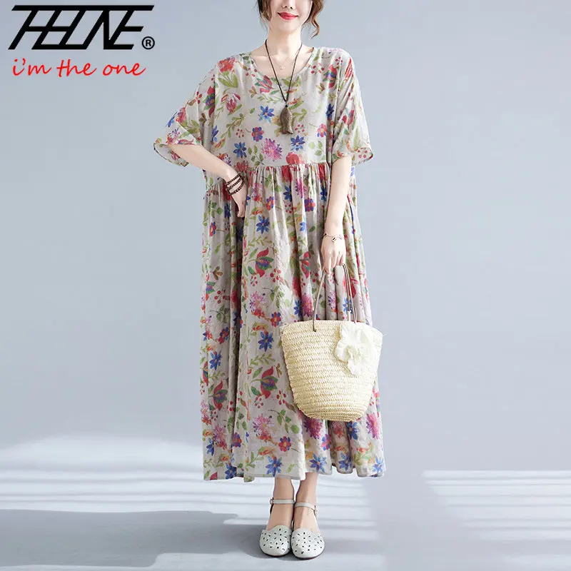 

New Summer Floral Print Dress Robe Beach Women Loose Casual Long Ladies Dresses Korean Fashion Cotton Vintage Vestidos De Mujer