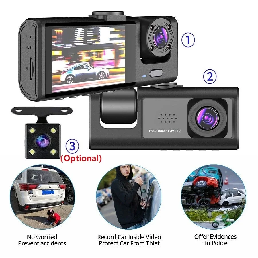 

3 Camera Lens Car DVR 3-Channel Dash Cam HD 1080P Dash Camera Dual Lens Dashcam Video Recorder Black Box 24H Parking Monitoring