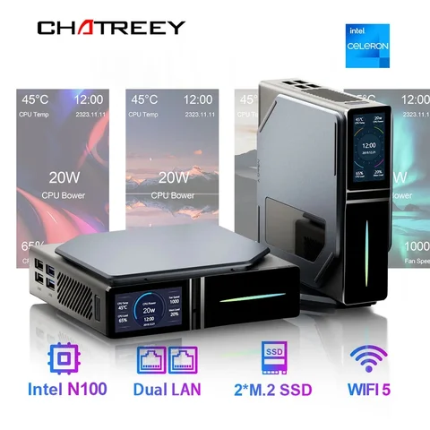 Мини-ПК Chatreey S1 Intel Alder Lake N100, Windows 11, ультрамаленький карманный компьютер, двойной SSD-накопитель 2X HD 2,0, 4K, 60 Гц, RGB
