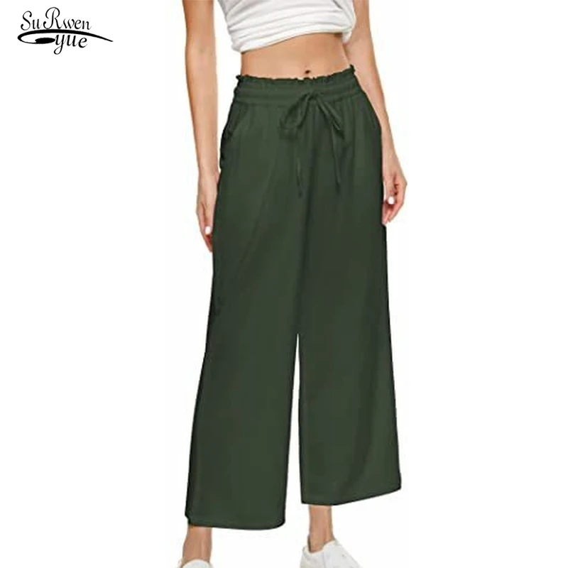 

Summer Pants 2022 New High Waist Fashion Women Wide Leg Pants Loose Casual Solid Pants Elastic Waist Thin Female Trousers 21985