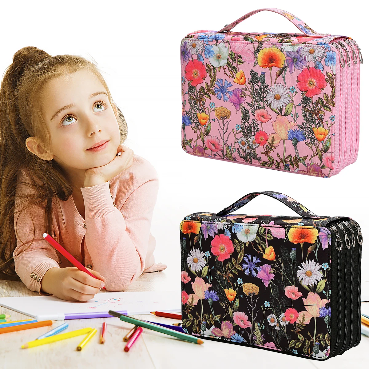 

L 200 Slots Colored Pencil Case with Zipper 4 Layers Oxford Pencil Storage Bag Portable Handheld Pencil Pouch Large Capacity