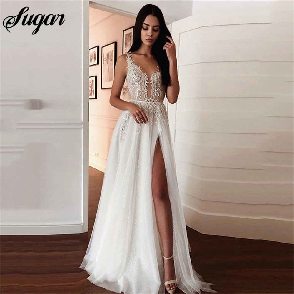 

Boho Lace Wedding Dress Sexy V Neck Appliques Bride Dress Side Split Vestido De Novia Custom Made Wedding Gown For Civil Wedding