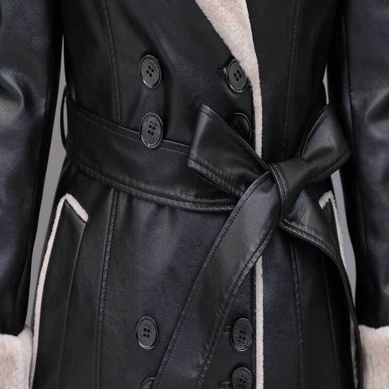 Genuine Leather Jacket Women Winter Fashion New Lamb Fur Liner Thicken Warm Long Overcoat Belt Sheepskin Coat Female Clothing