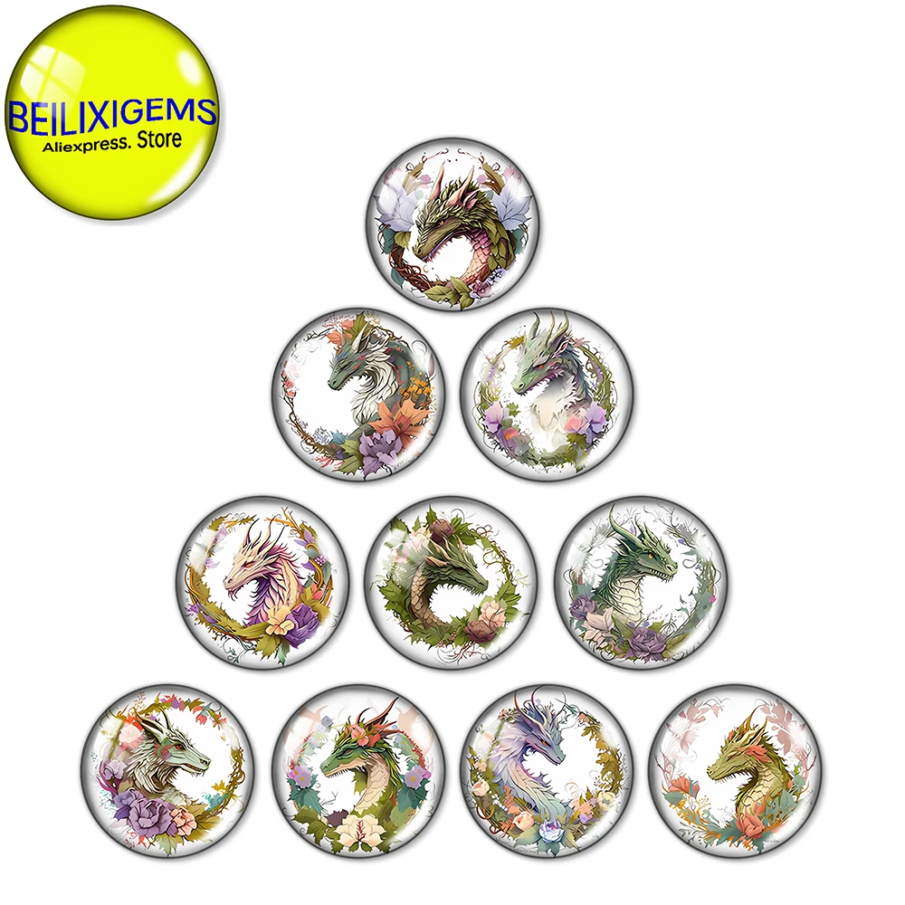 

10 Pcs Art Paintings Dragon in Flower Crowns 12mm/18mm/20mm/25mm Round Glass Cabochons Demo Flat Back Making Findings