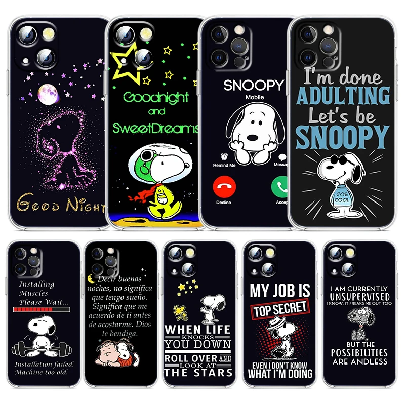 

Snoopy Creative Text For Apple iPhone 13 12 11 mini 8 7 6 5 XS XR X SE 2020 Pro Max Plus Transparent Phone Case Funda Capa