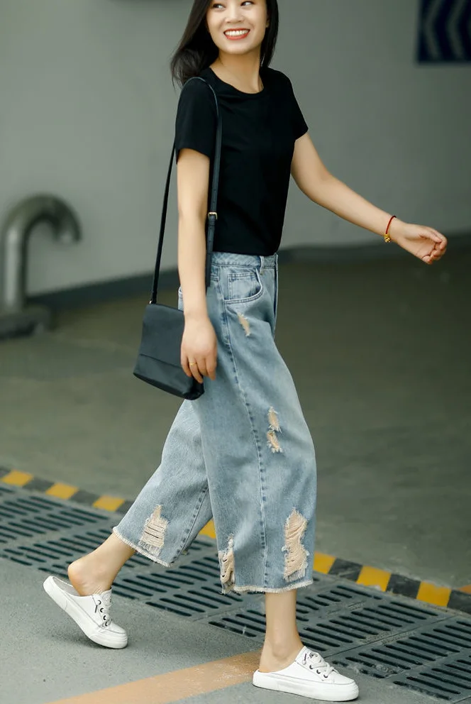 Летние брюки с высокой талией длиной до икры потертые джинсы свободные женские