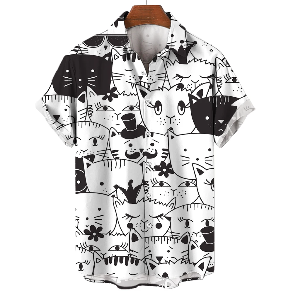 

2023 Lapel Hawaiian Shirt Men's Casual Short Sleeve Cartoon Shirt Men's Shirt Summer Men's Clothing Street Vintage Animal Cat