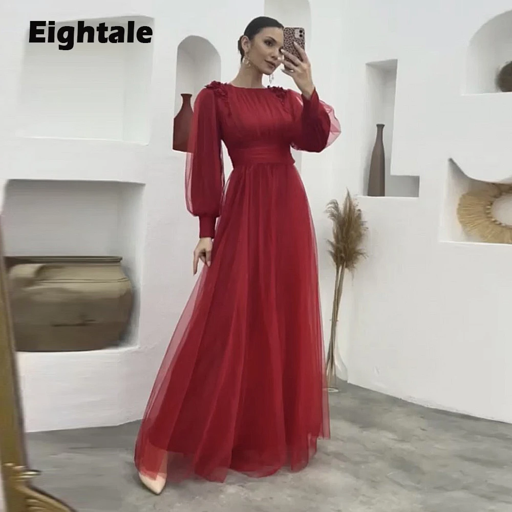 

Eightale Arabic Evening Dresses Burgundy O-Neck Appliques Beaded Prom Gown with Long Sleeves Satin Formal Wedding Party Dress