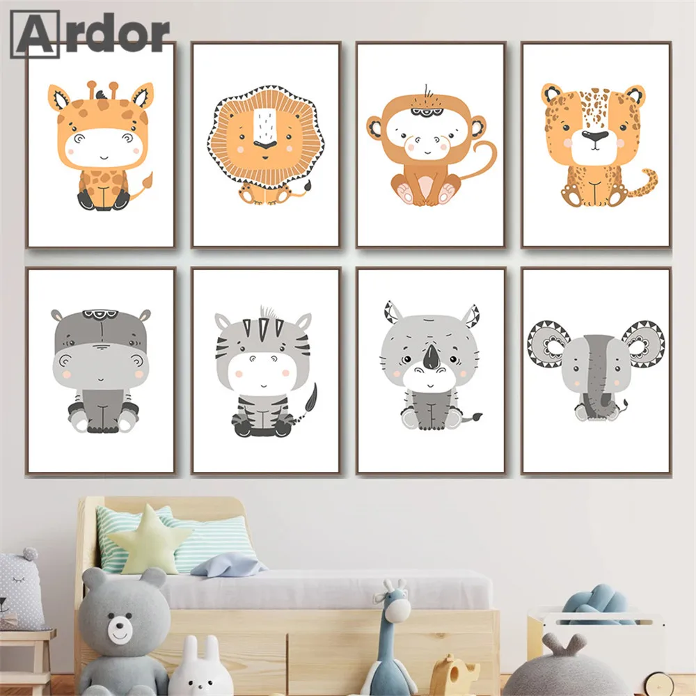

Lion Elephant Zebra Giraffe Hippo Canvas Painting Nursery Print Woodland Animal Art Poster Nordic Wall Pictures Baby Room Decor