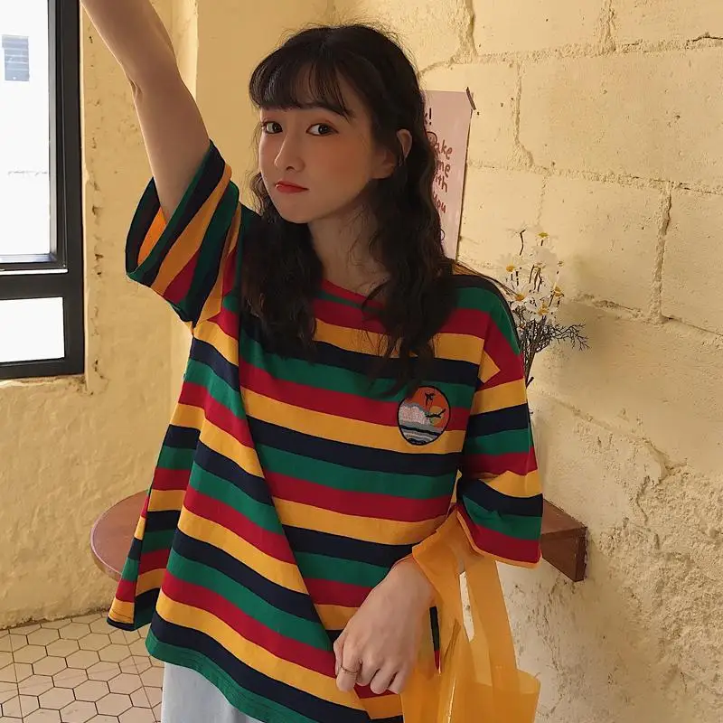 

Chinese style rainbow striped cotton shortsleeved tshirt womens 2020 summer tide loose college halfsleeve top clothes