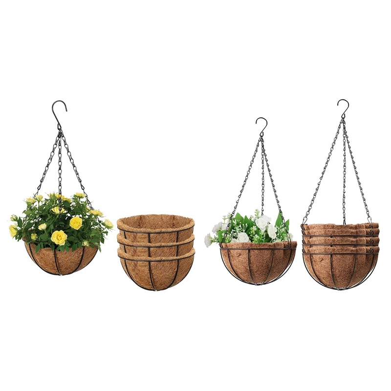 

9 Pcs Metal Hanging Flower Basket With Coco Coconut Shell Lining Decorative Outdoor Hanging Basket 10 Inch & 12 Inch