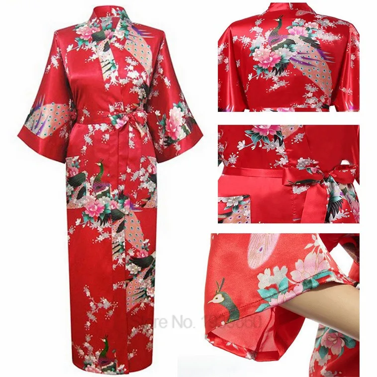 Print Chinese Women Silk Rayon Robes Long Sexy Nightgown Yukata Kimono Bath Gown Sleepwear Plus Size Bathrobes Intimate Lingerie