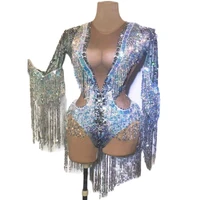sparkling silver women stretch dance fringes bodysuit club bar singer leotard stage wear rhinestone sequin tassel party jumpsuit