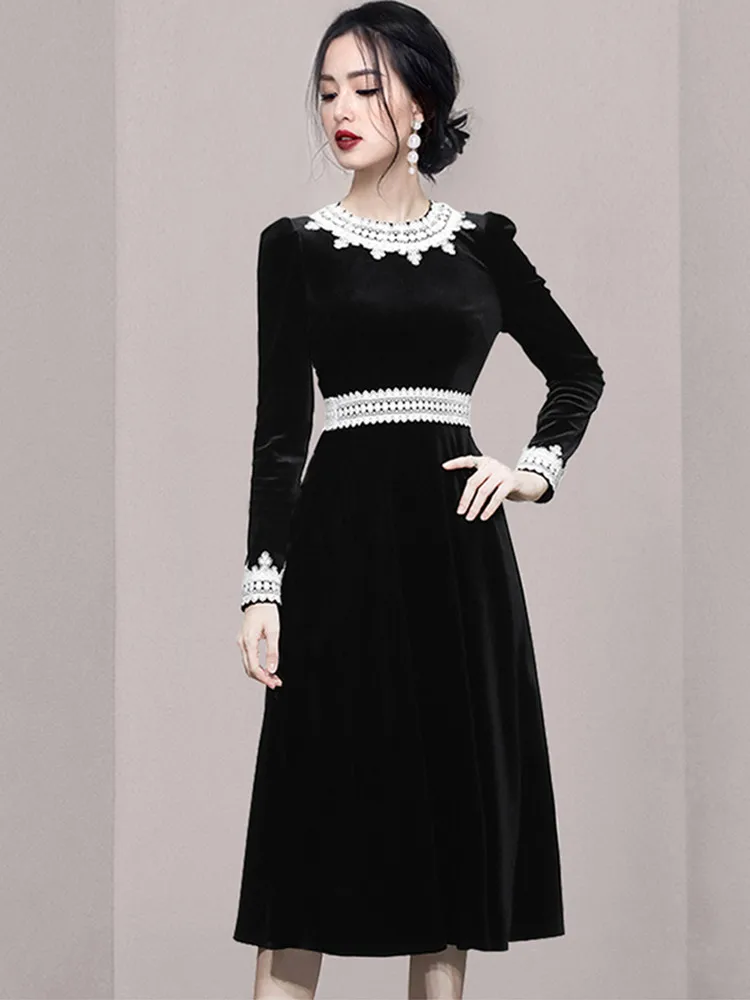 

SMTHMA Women's Vintage Elegant Lace Patchwork Velvet Dresses Ladies Fashion Slim Temperament Black Long Sleeve Dress Vestidos