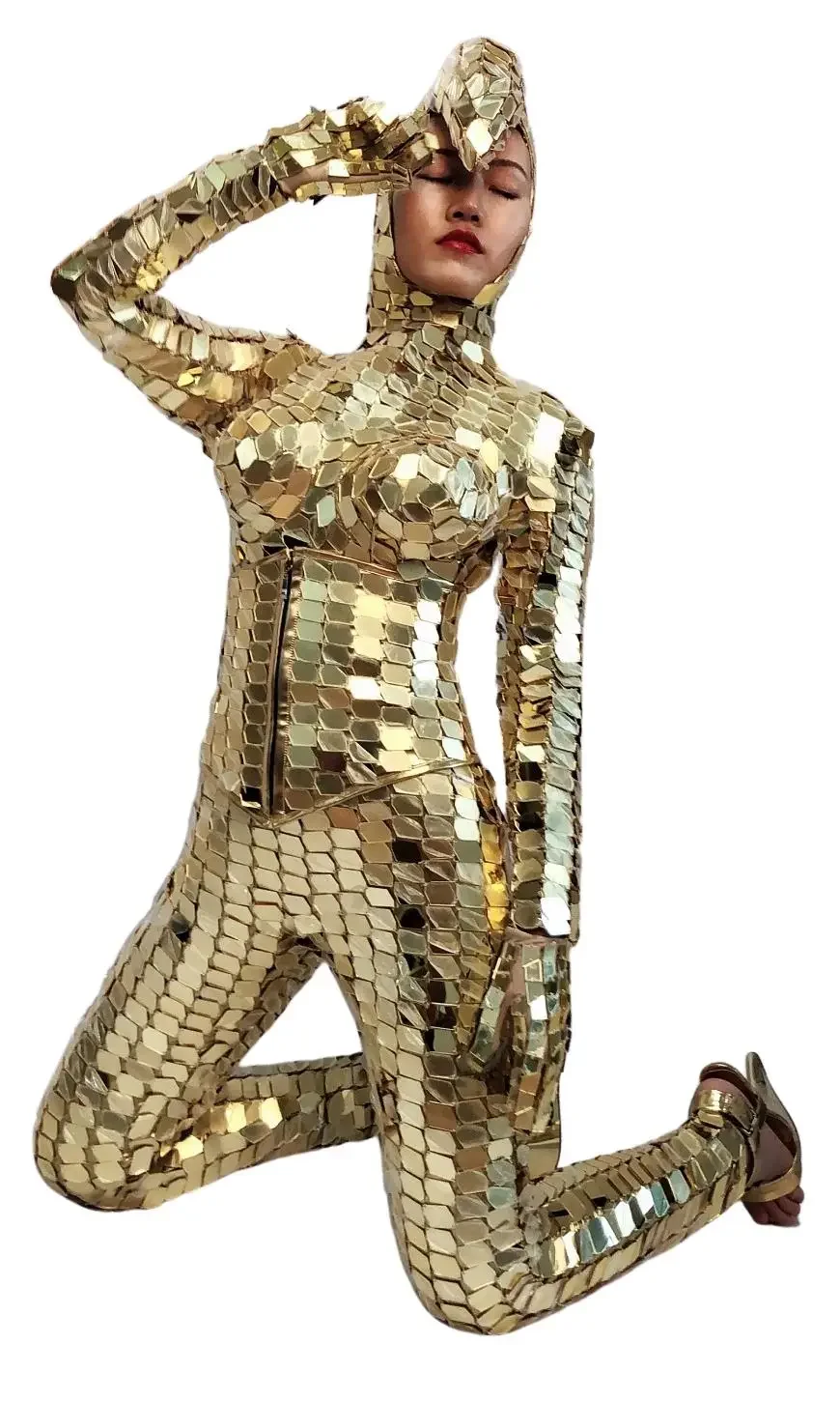 Зеркальный костюм комбинезон женский золотой клубный вечерние зеркальный