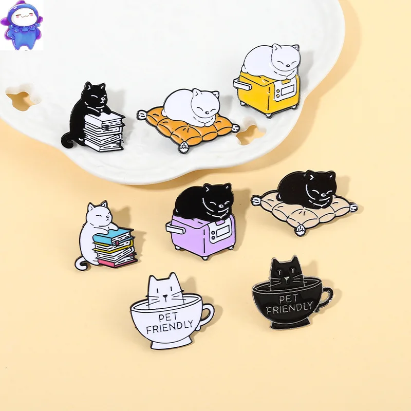Creative Cartoon Cat Soft Enamel Pins Cat Reading Book and Drinking Coffee Sleeping Badge Animal Brooch Fo Jewelry Accessory