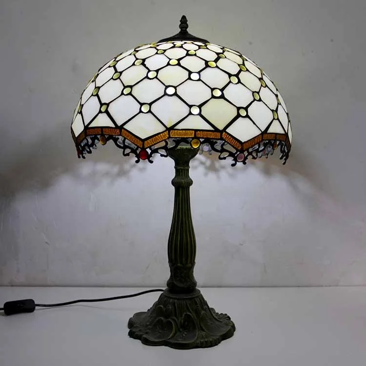 

LongHuiJing 16Inch Tiffany Table Lamps Cream Amber Stained Glass Lampshade Antique Art Style Desk Lamp With Lotus Metal Base
