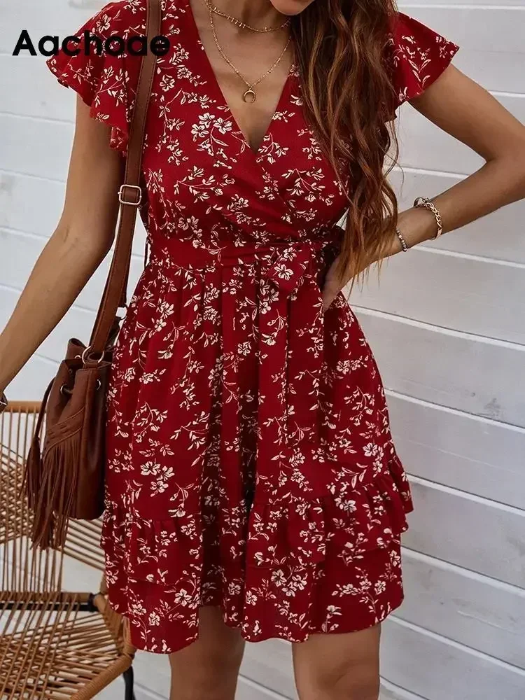 Aachoae-Vestido corto con estampado Floral para mujer минивэтер неформальный de manga corta cuello en V estilo bohemio