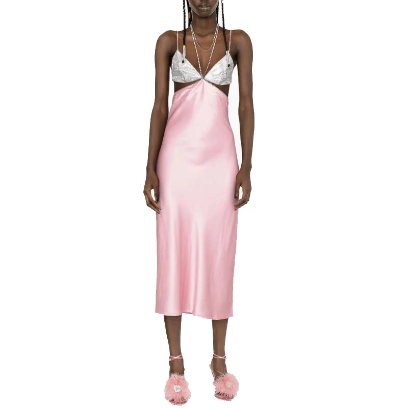 

Women's Sleeveless Lace Up Halter Dress Hollow Out Sequins Backless Bodycon Midi Dress, Pink, Party Club Clothes Sexy Fashion