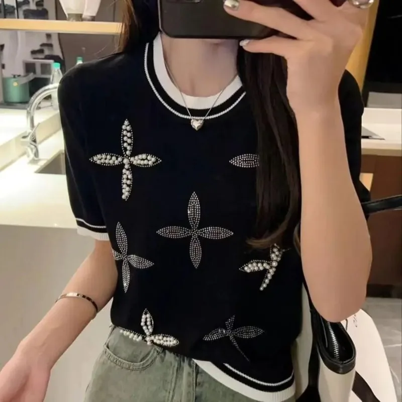 

Women's Spring Autumn Fashion Elegant Short Sleeves Round Neck Printed Linen Casual Versatile Western Commuter Comfortable Tops