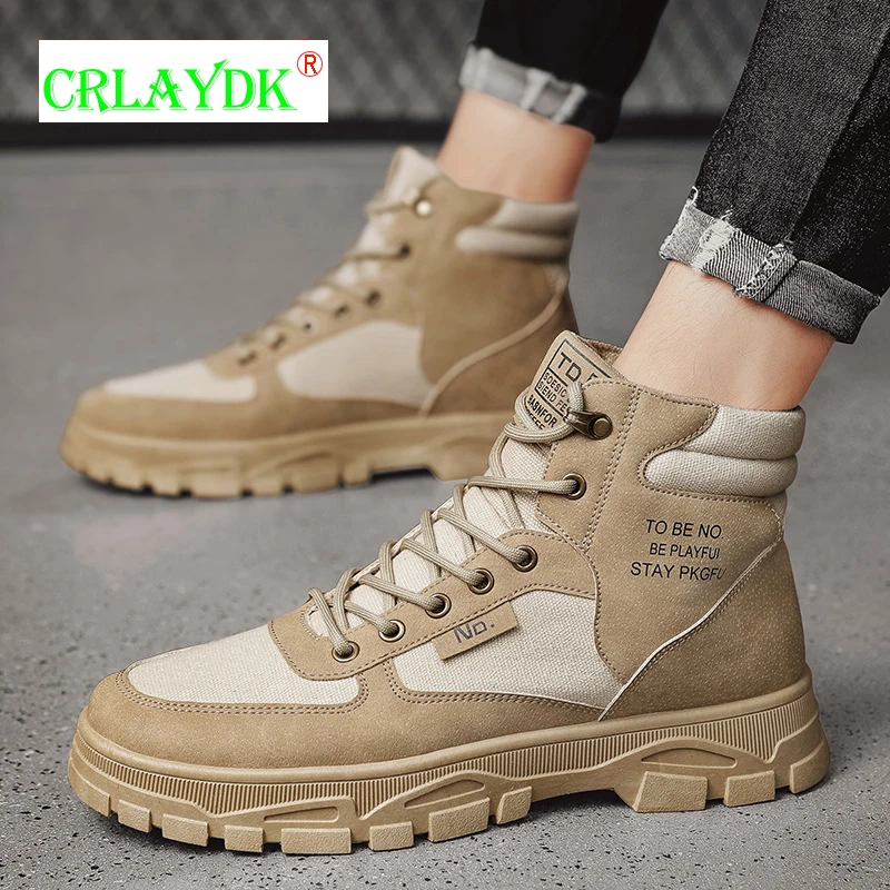 

CRLAYDK Men's Ankle Boots Leather Outdoor Combat Hiking Shoes Non Slip Water Resistant Tooling Casual Work Desert Booties Male