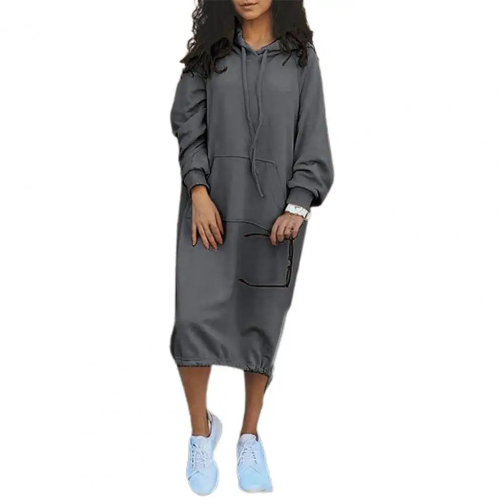 

Long Sleeve Solid Color Side Split Hooded Dress Hooded Sweatshirt Lady Solid Color Large Pocket Hooded Dress for Jogging