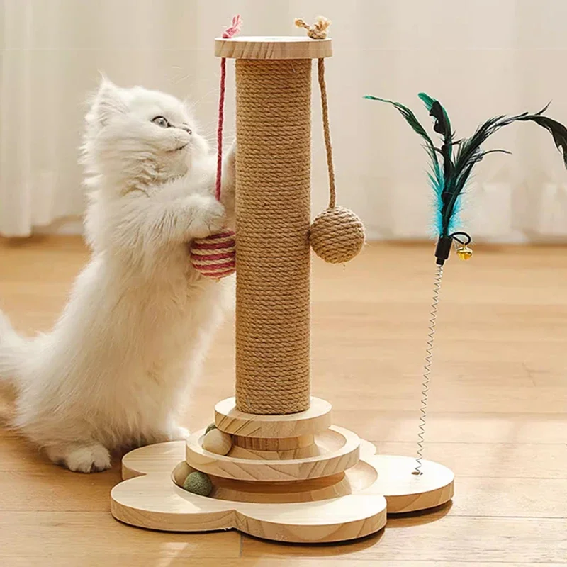 

Игрушка для домашних питомцев, прочный многофункциональный поворотный стол из цельного дерева для кошек, Когтеточка с шариками из сизаля