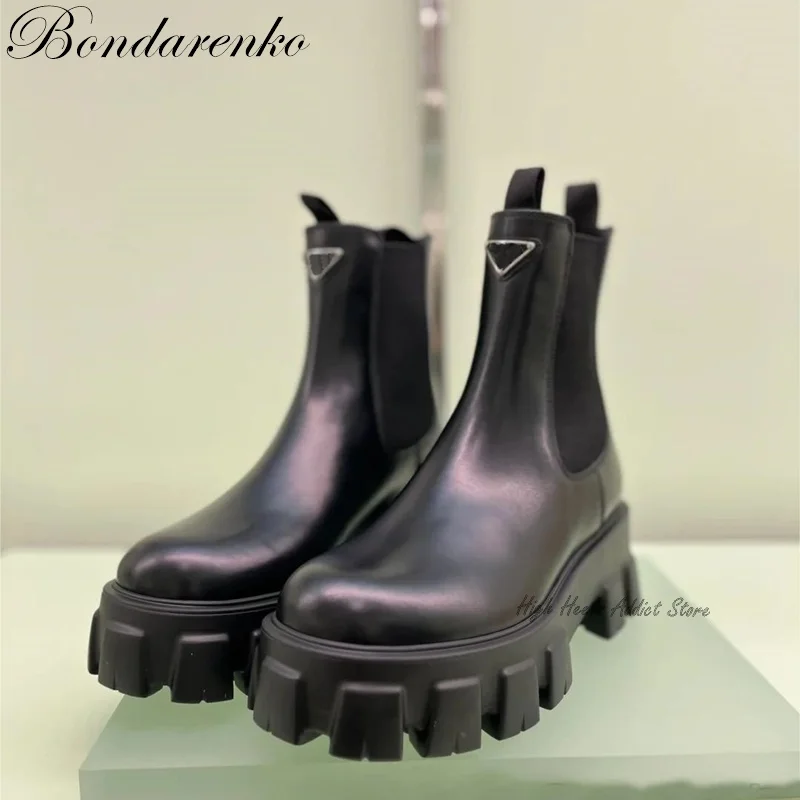 

Real Leather Thick Sole Ankle Boots Women Black\Blue\Pink Round Toe Pull On Chelsea Boot 2023 New Designer Top Quality Shoes