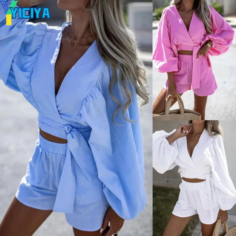 

Модный однотонный Женский комплект YICIYA из двух предметов, женский костюм 2022, рубашка с длинным рукавом и шорты, комплекты, повседневные Кост...