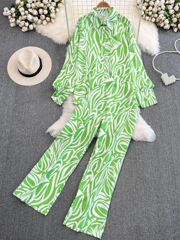 

Autumn Women's Fashion Suits Female Vintage Casual Lantern Sleeve Shirts High Waist Loose Print Pants Korea Chic Two Pieces Set