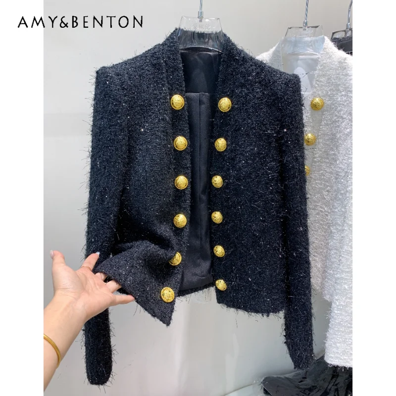 

Autumn and Winter New Korean Style Ladies Long Sleeve Tweed Wool Coat Top Women's Slimming Slim-Fit Cardigan Trendy Clothes