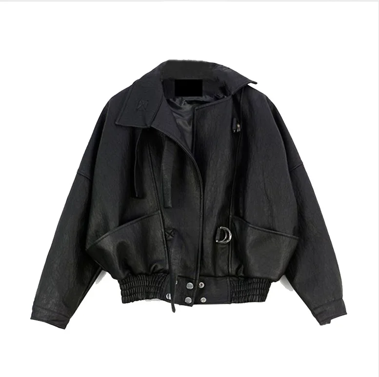 Autumn leather jacket coat black short style locomotive PU leather bat sleeve loose leather clothing for wome