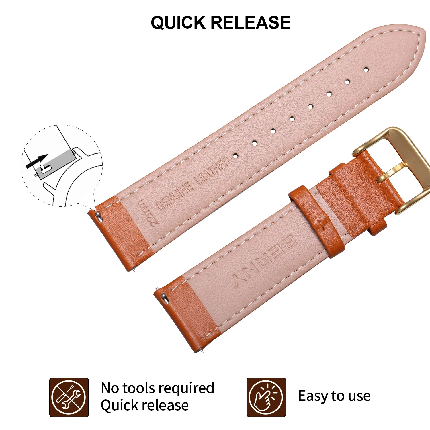 Watchband Quick Release Top Genuine Brown Leather Strap Square Steel Buckle Width Marked 20mm 22mm Waterpoof Папружка Band