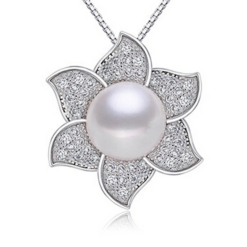 

MeiBaPJ 11-12mm Trendy Real Natural Freshwater Pearl Flower Pendant Necklace 925 Sterling Silver Fine Party Jewelry for Women
