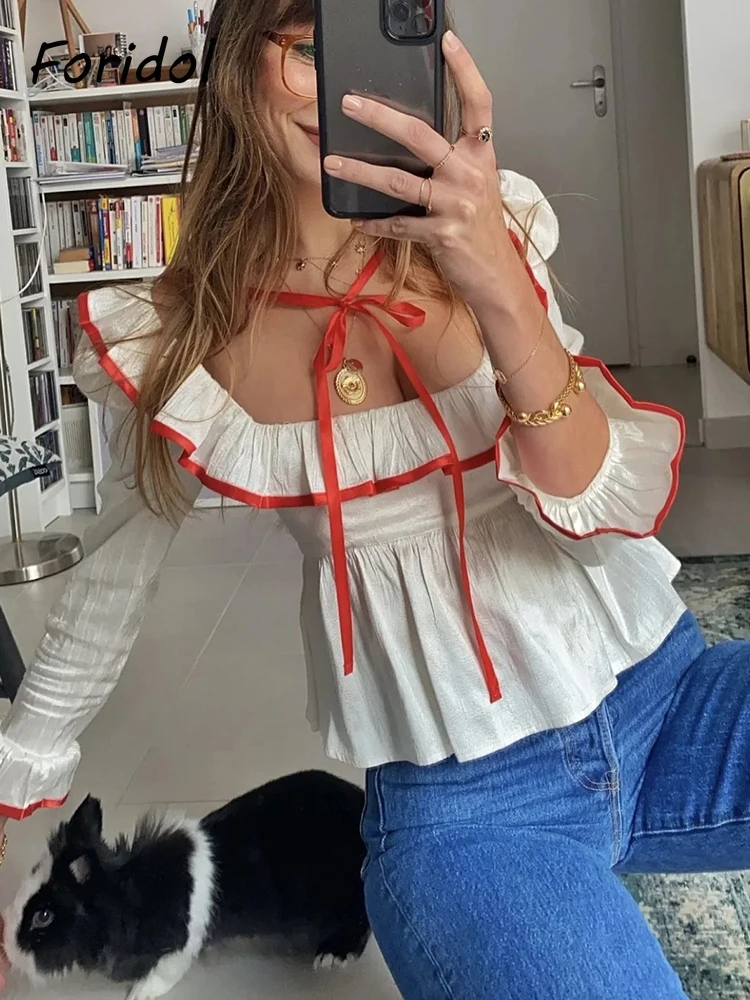 

Lace Up Front Beige Long Sleeve Autumn Women French Style Casual Slim Fit Crop Tops Shirt Casual Short White Short Blouse