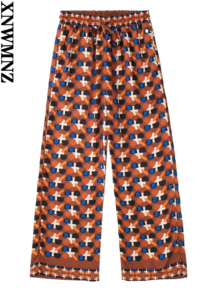 

XNWMNZ 2022 women printed pajamas style high waist trousers retro elastic waist drawstring wide leg pants female chic trousers