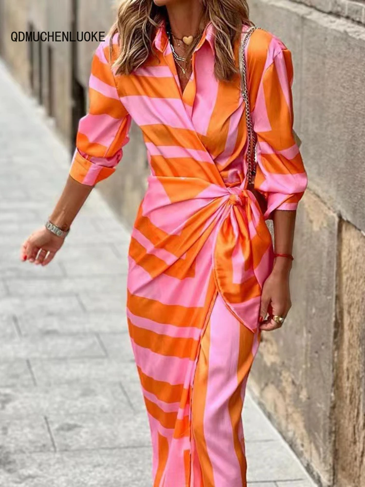 

New In Spring Summer Fashion Print Dress Blouse Neck Tie Mid Length Striped Skirt Casual Comfortable Street Women's Wear Dresses
