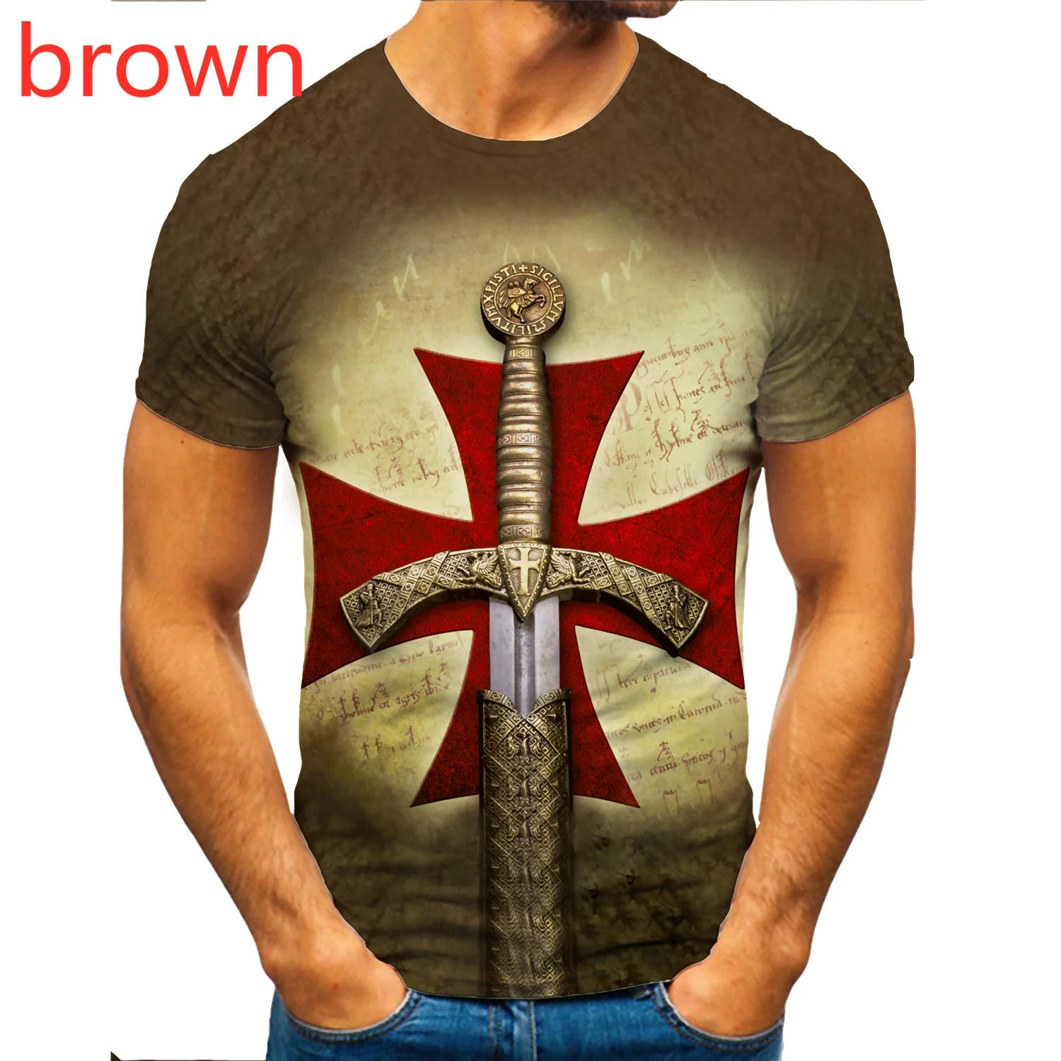 

Mens Fashion Knights Templar the Cross Sword 3D Printing Short Sleeve Retro Casual T Shirt Sport Tee Shirts